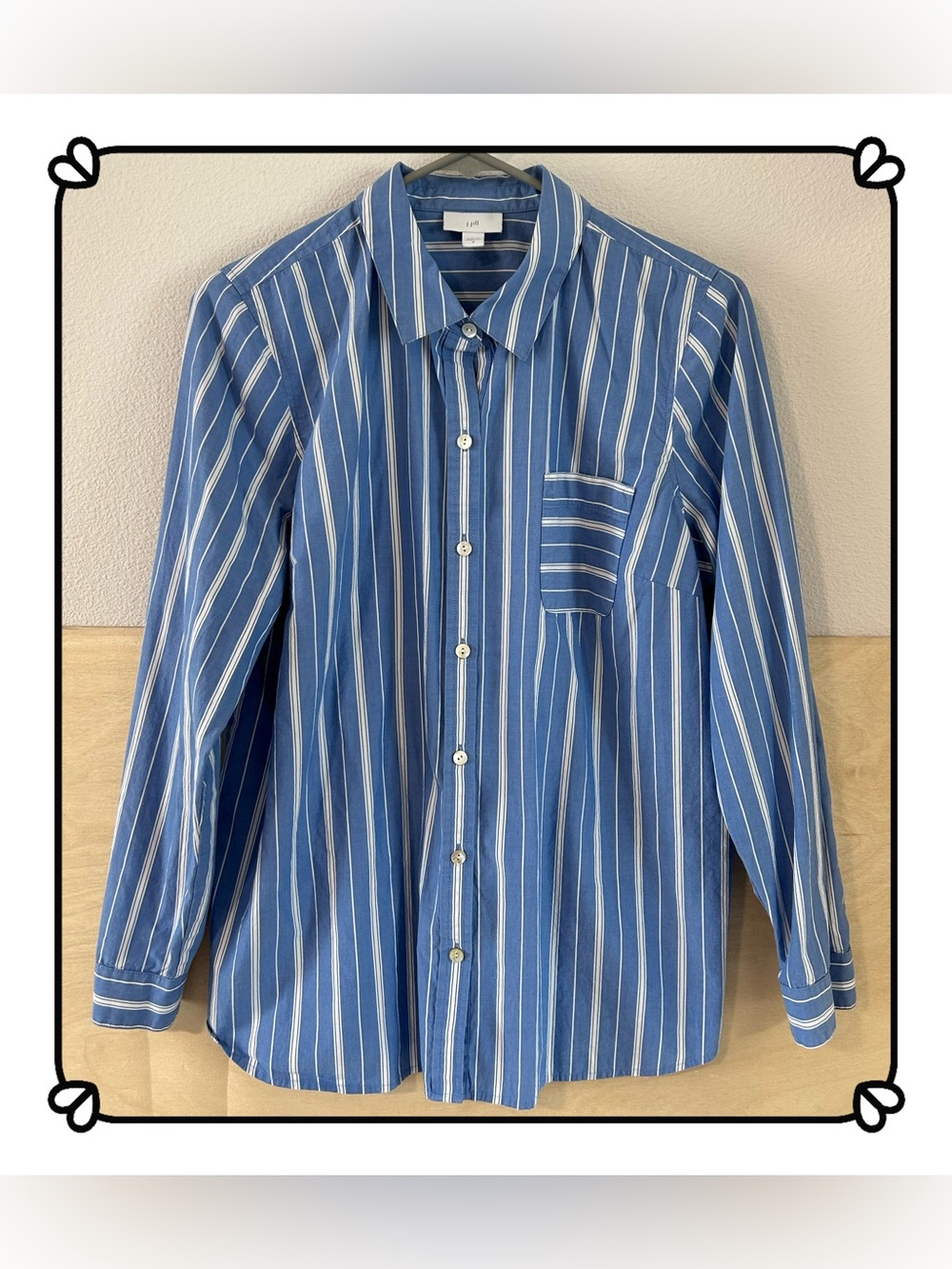 J.Jill 100 Cotton Breton Stripe Curved Hem Button-Down Tunic Blue Sz M Workwear